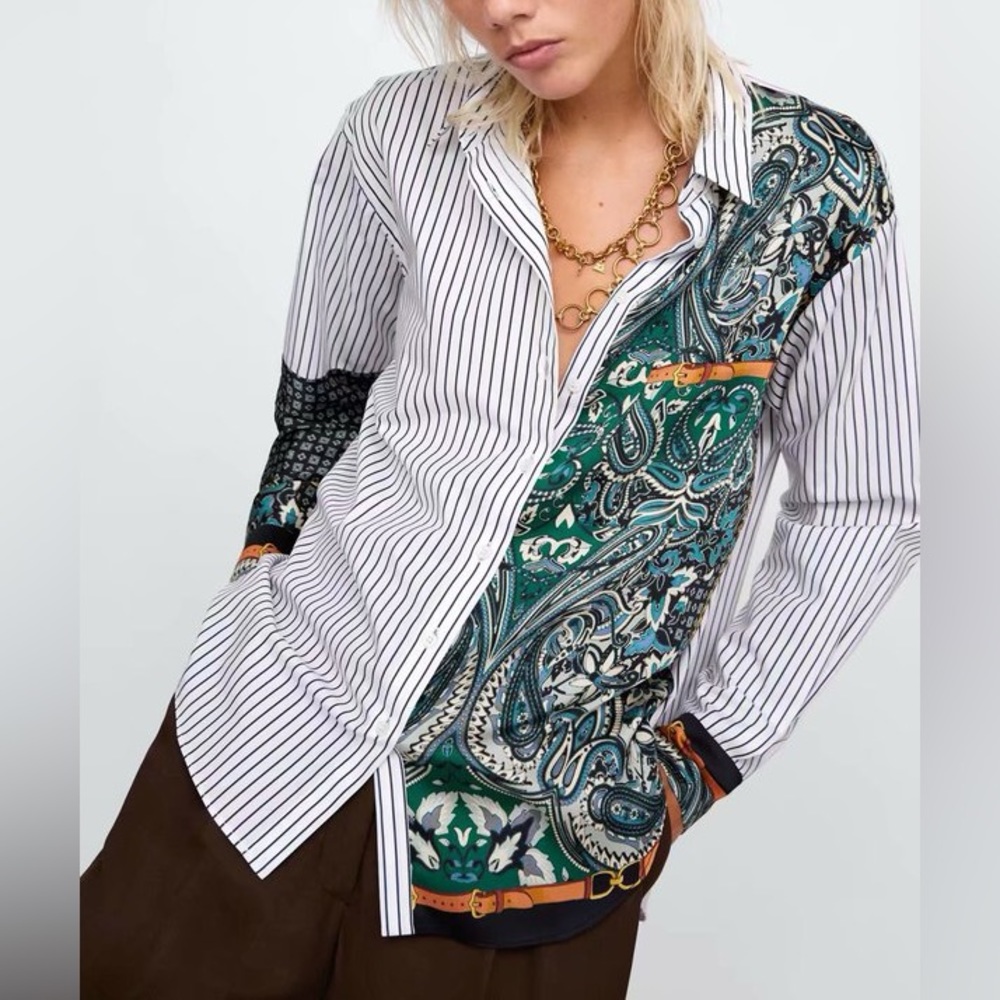 ZARA WOMAN Color-block Striped Paisley Button Down Shirt Size Medium